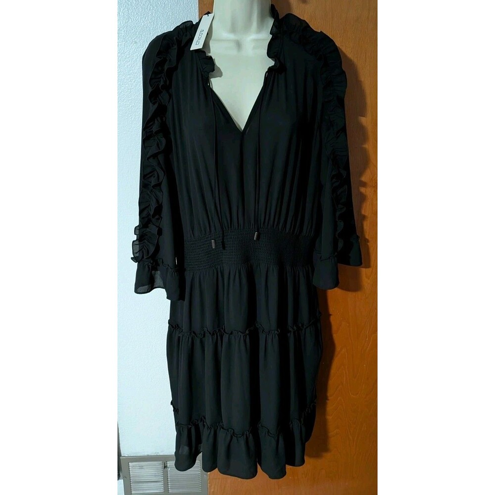 Chicos Black Tiered Ruffle Short Dress Bell Sleeves Women's Sz 2 US 12 Large NWT